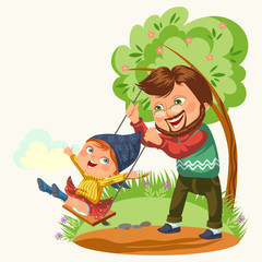 dad rolls his daughter on a swing tied to a tree, fathers day happy child swinging, family summer vacation in park, kids playground activity isolated vector illustration