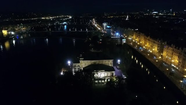 Night city of Prague, Zofin Palace, streets of Prague, PALC OFN, panoramic view from above, aerial