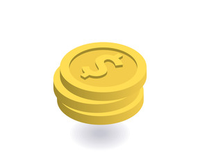 Dollar icon. Pile of gold coins with dollar sign. Vector illustration in flat isometric 3D style.