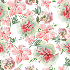 Bright seamless pattern with flowers. Rose. Hibiscus.  Watercolor illustration. Hand drawn.