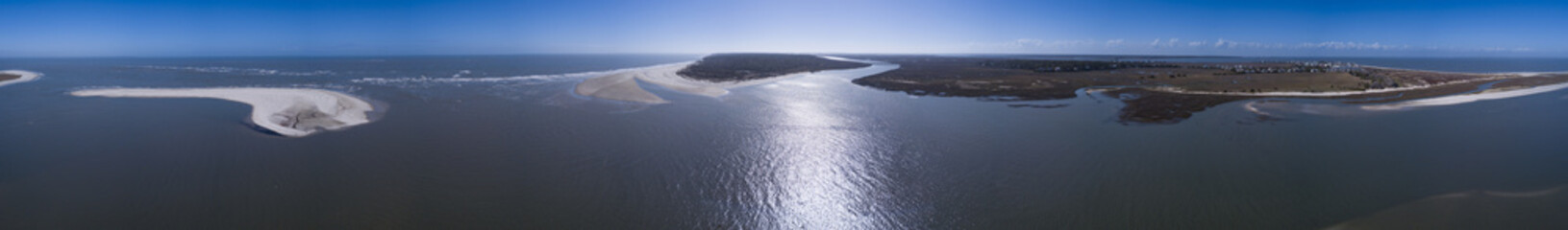High aerial 360 degree seamless panorama of islands and ocean in South Carolina.