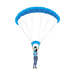 Skydiver woman flying. Vector female character illustration isolated on the white background. Sky diving cartoon sportsman. Woman parachutist with paratrooper flying in the blue sky.