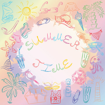 Summer Time. Hand Drawn Summer Vacancies Symbols. Colorful Doodle Boats, Ice cream, Palms, Hat, Umbrella, Jellyfish, Cocktail, Sun. Vector Illustration.