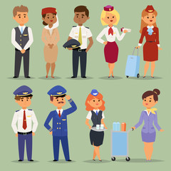 Officers flight pilots flight attendants vector people. Stewardesses and pilots flight attendants isolated pilot and air hostess flight attendant. Flight captain professional male and femail © Vectorvstocker