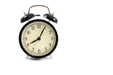 clock placed on white background with copy space. image for isolate, alarm, copy space, retro, antique concept