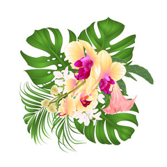 Bouquet with tropical flowers  floral arrangement, with beautiful yellow orchid, palm,philodendron and Brugmansia  vintage vector illustration  editable hand draw