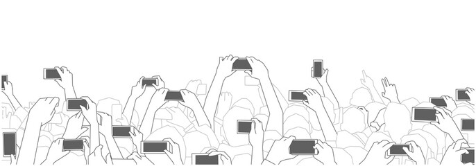 Illustration of concert audience cheering and recording with phones at live festival party performance