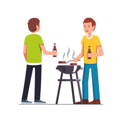 Man doing barbecue, grilling meat outdoors