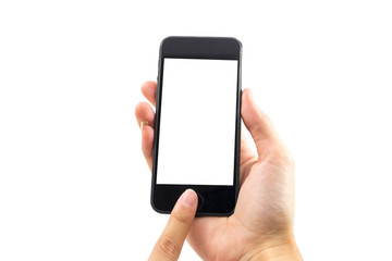 white background hand of caucasian woman hold mobile phone and touch on blank screen with copy space. image for body, technology, communication, gadget, isolated, business, telephone concept