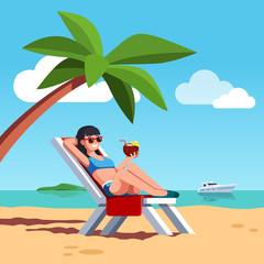 Fototapeta premium Woman in swimsuit sunbathing at sea beach