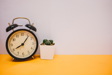 front view. clock and plant placed on wooden background with copy space. image for cactus, business, time, object, isolated, modern, decoration, nature, workspace concept