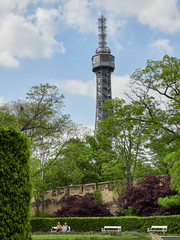 Obraz premium Petrin Hill Tower sometimes referred to as the Little Eiffel Tower in the heart of Prague, Czech Republic.