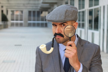 Detective with hat, pipe and magnifying glass