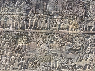 Cambodia Architecture. Bas-relief depicting historical events and daily lives of. Wall Carving Of Prasat Bayon Khmer Temple