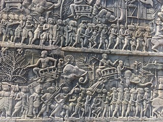 Cambodia Architecture. Bas-relief depicting historical events and daily lives of. Wall Carving Of Prasat Bayon Khmer Temple
