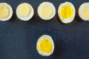 Halves of boiled eggs.