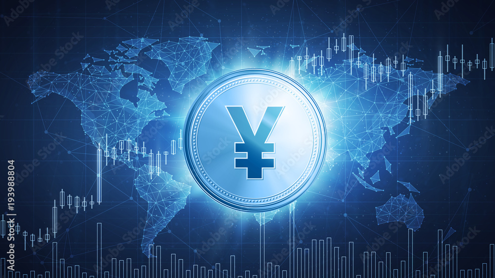 Poster yuan or yen coin on hud background with bull trading stock chart and polygon world map. growth of th
