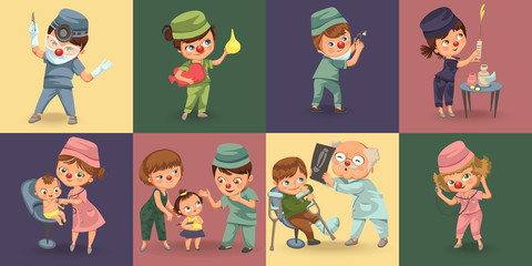 set red nose day greeting card, medical doctor in hospital with stethoscope helping little patient wear funny clownnose, nurse help childrens health care, charity concept vector illustration