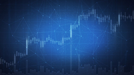Blockchain technology network futuristic hud background with chain of blocks polygon peer to peer network and growing stock chart. Global cryptocurrency blockchain fintech business banner concept.