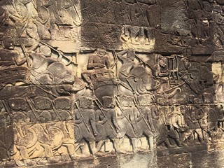 Cambodia Architecture. Bas-relief depicting historical events and daily lives of. Wall Carving Of Prasat Bayon Khmer Temple