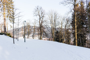 Photo of snowy landscape with blue sky and road in winter