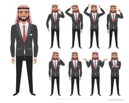 Arab businessman character set of emotions and poses.