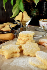 Shaped shortbread cookies covered with sugar powder surrounded by kitchen utensils