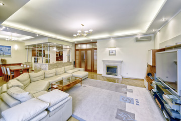 Russia Moscow - Modern interior design living room, urban real estate.
