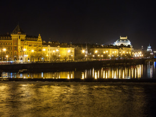  View to the Prague National Theatre over Vltava in the night