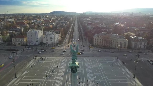 Budapest, Hungary - Aerial 4K footage about drone flying away from Heroes' Square near City Park at winter time