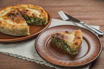 Greek pot pie spanakopita. Close up