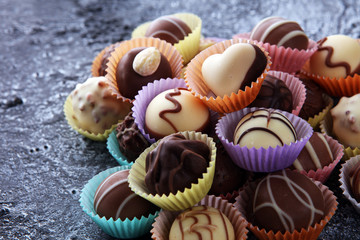 a lot of variety chocolate pralines, belgian confectionery gourmet chocolate.