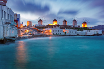 Famous view, Traditional windmills on the island Mykonos, The island of the winds, at cloudy...