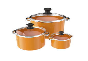 pans  metal chrome dimensions different reflections mirror brew stew food white background isolated