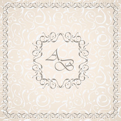 Invitation card in a retro style with vintage decoration and floral damask seamless background. Pastel colors