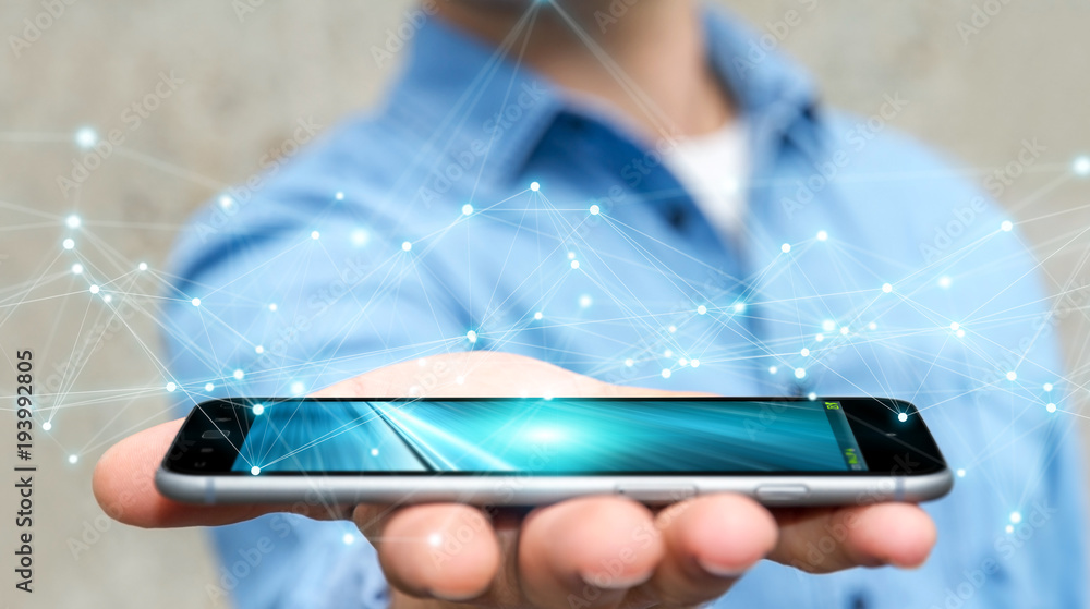 Poster businessman using flying network connection 3d rendering