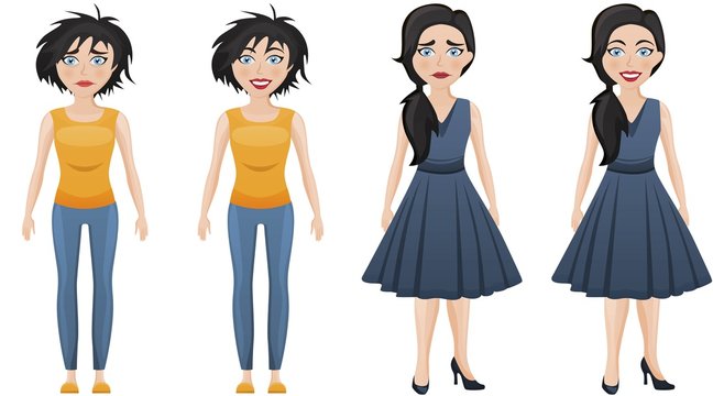 Set Of Emotional Women In Different Clothes. Sad And Happy Woman. Casual Business Clothes And Simple Shirt And Jeans Clothes. Same Woman With Different Hairstyles. Vector Illustration