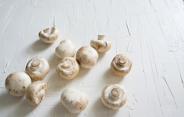 Raw champignons on white background top view