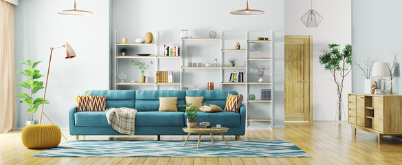 Interior of modern living room panorama 3d rendering - obrazy, fototapety, plakaty