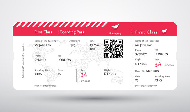 Boarding pass ticket vector. First class boarding pass design background. Vector illustration of airline boarding pass. Boarding pass ticket.