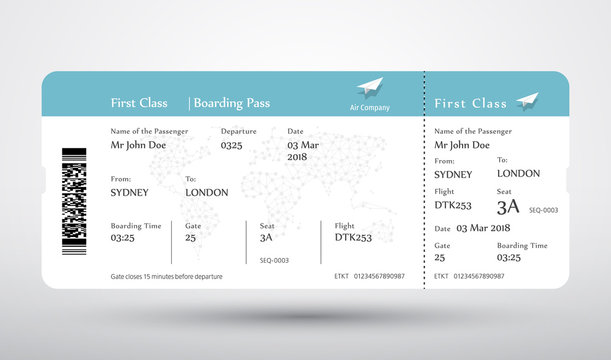 Boarding Pass Ticket Vector. First Class Boarding Pass Design Background. Vector Illustration Of Airline Boarding Pass. Boarding Pass Ticket.