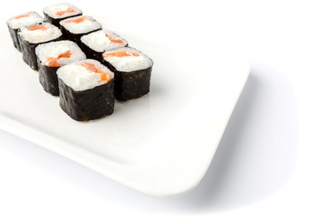 Makizushi. Delicious sushi rolls on white.  Maki
