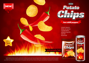 Chips ads. Hot chili pepper falling into fire vector background