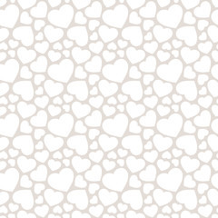 Love romantic seamless pattern with hearts. Valentine's day background. Vector abstract texture with small scattered hearts. Delicate white and light gray colors. Subtle repeat decorative design