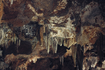 Karst cave with stalactites and stalagmites in Luray Caverns. Luray, Virginia