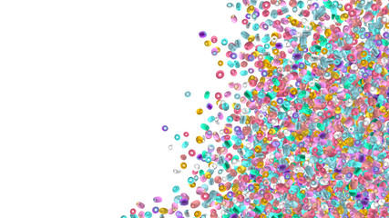 Beads background. Fashion accessory. Handmade craft. Glass beads top view. Sequins. Heap of gems. Rhinestones wallpaper. Realistic illustration. 3d rendering. Jewelry making.
