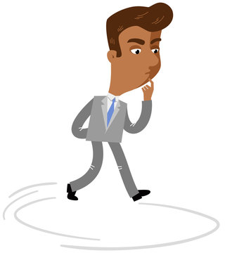 Vector Illustration Of A Pondering Asian Cartoon Businessman Walking In Circles Isolated On White Background