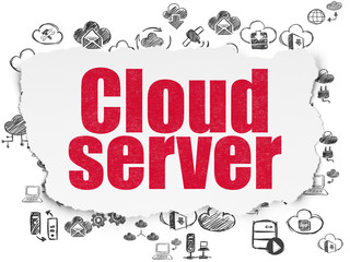 Cloud technology concept: Painted red text Cloud Server on Torn Paper background with  Hand Drawn Cloud Technology Icons