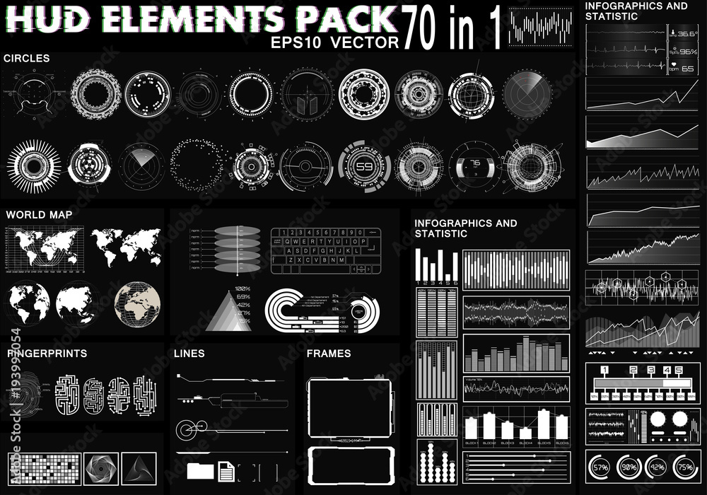 Poster HUD Elements Pack. 70 Elements. Sci Fi Futuristic User Interface. Menu Button. Vector Illustration, HUD interface, infographics, circular Ui set, graphic sensor of the future, sci fi elements pack.