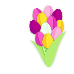 Bouquet of eleven paper cut tulip flowers on white background